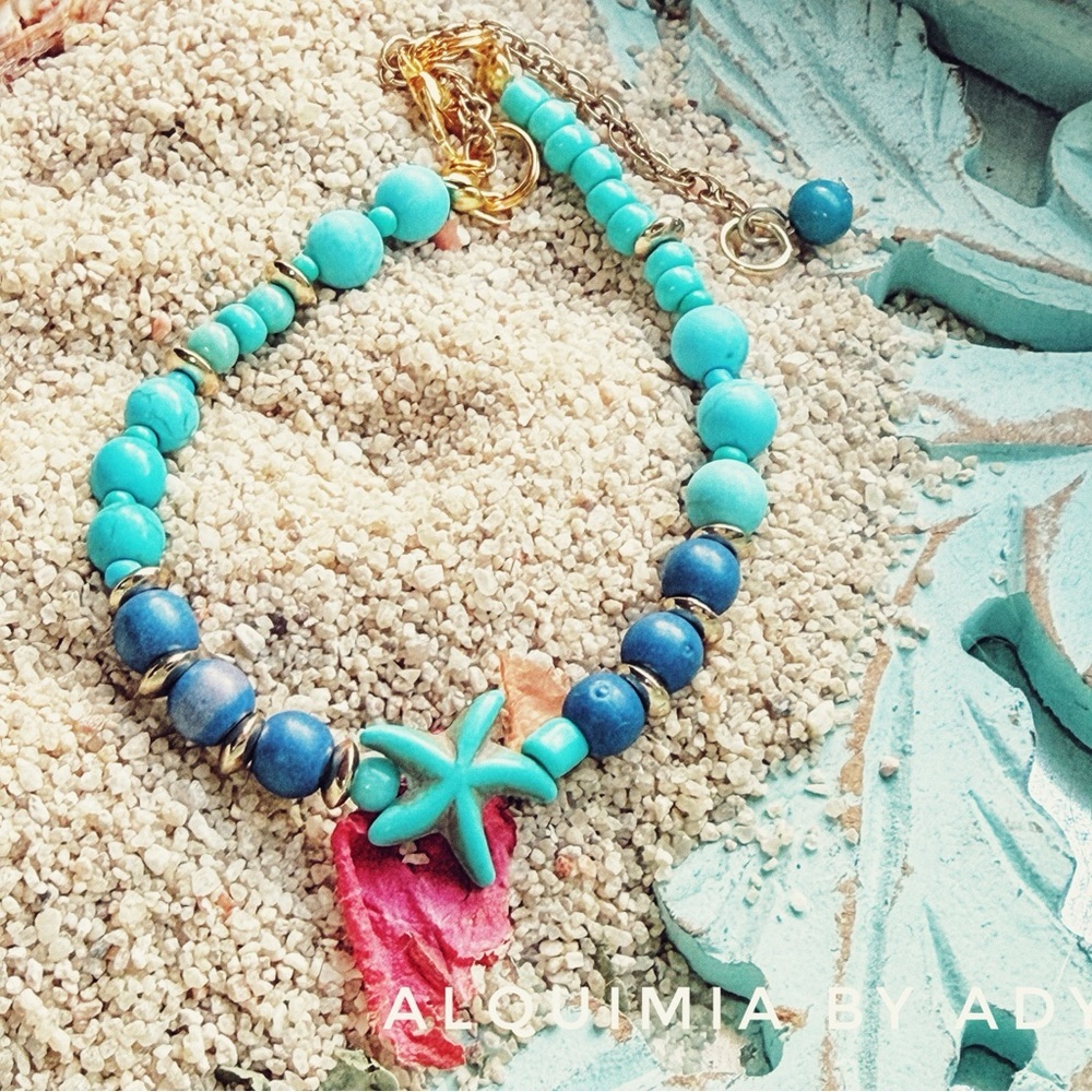 TURQUOISE ODDITY +Blue SILVER and Gold Beaded Bracelet